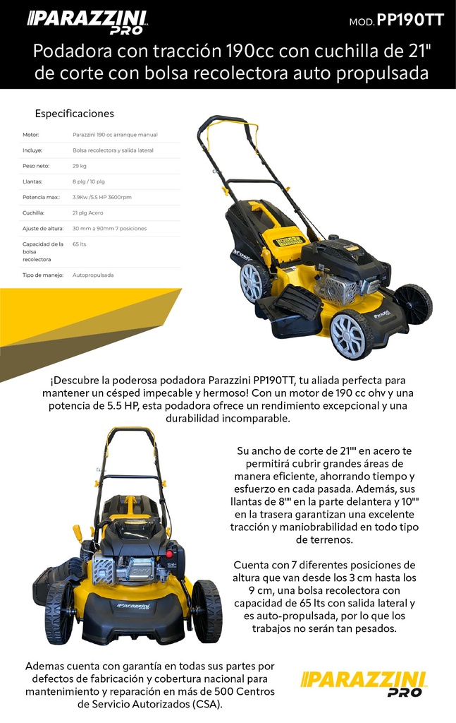 PODADORA CON TRACCIÓN 190CC CON CUCHILLAS DE 21" DE CORTE CON BOLSA RECOLECTORA AUTO PROPULSADA