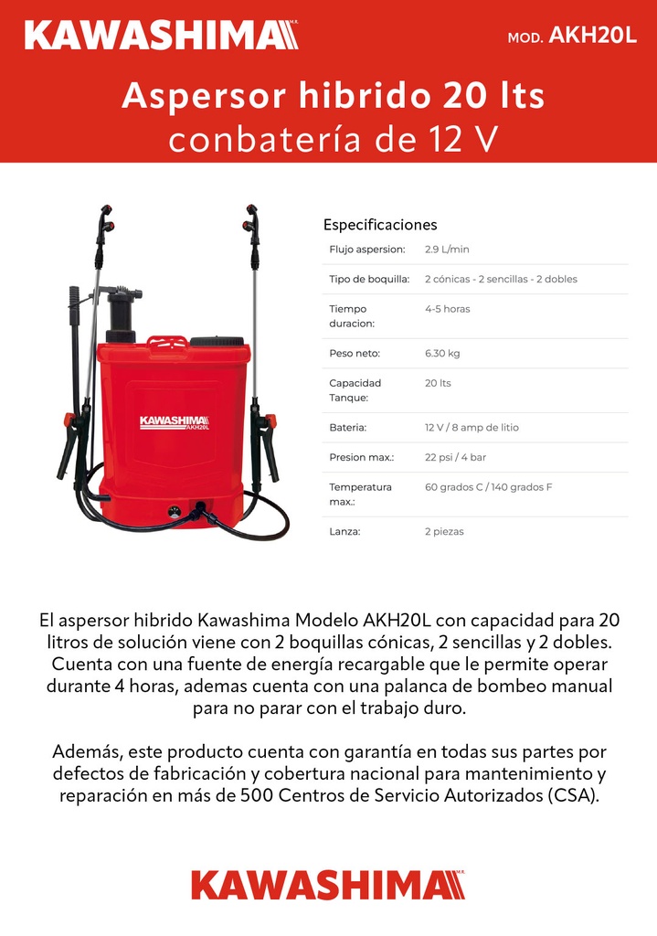 ASPERSORA HIBRIDA 2-1 KAWASHIMA 20 LT