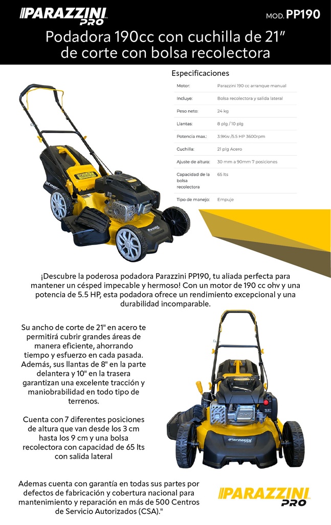 PODADORA 190CC CON CUCHILLAS DE 21" DE CORTE CON BOLSA RECOLECTORA 