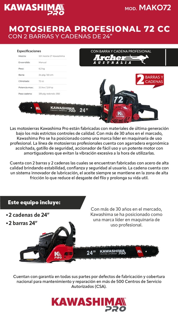 MOTOSIERRA KAWASHIMA DAKOTA 45CC BARRA 18 PULG