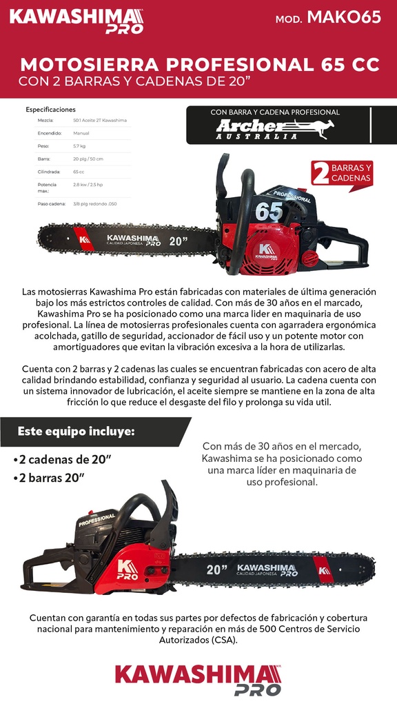 MOTOSIERRA KAWASHIMA DAKOTA 45CC BARRA 18 PULG