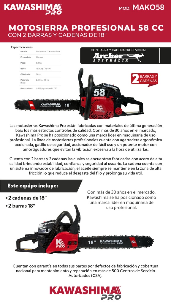 MOTOSIERRA KAWASHIMA DAKOTA 45CC BARRA 18 PULG