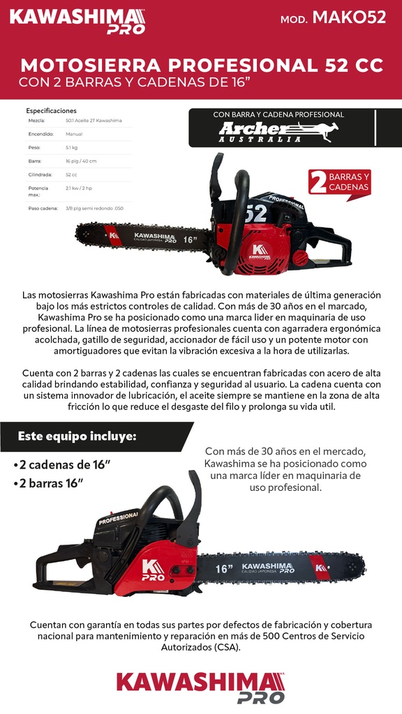 MOTOSIERRA KAWASHIMA DAKOTA 45CC BARRA 18 PULG