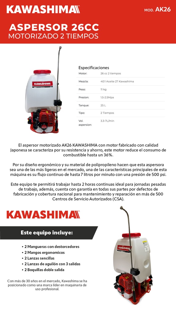 ASPERSORA MOTORIZADA 31CC 4 TIEMPOS KAWASHIMA