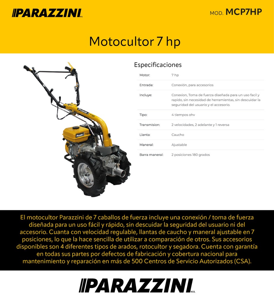MOTOCULTOR AGRÍCOLA MULTIFUNCIONAL 7.5 HP CON TOMA DE FUERZA Y MANERAL REVERSIBLE A 180°